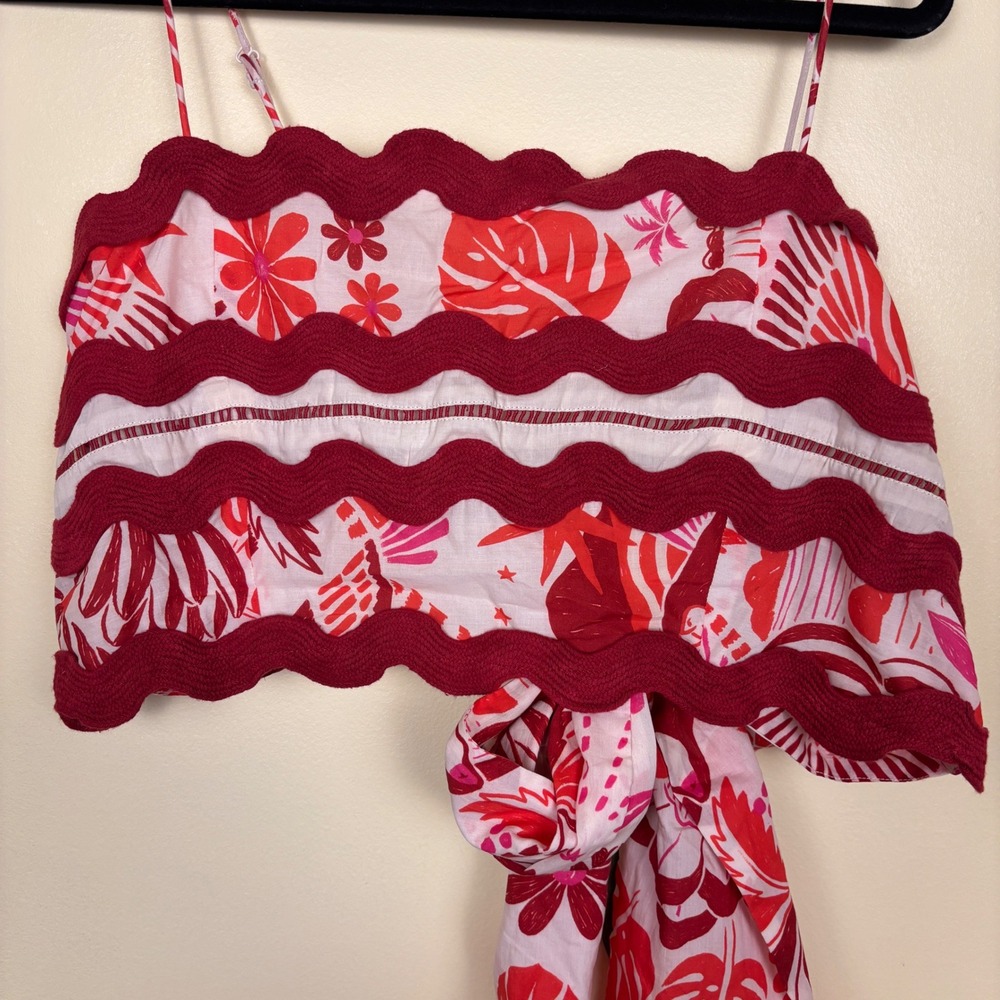 NWT FARM RIO 100% Cotton Tiles Printed Crop Top Red Motif Women Size XL Tie Back - Picture 6 of 13